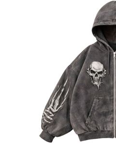 Sweat à capuche surdimensionné en molleton de coton gris foncé délavé à l'acide avec impression de double crâne et motif de manche squelette, style streetwear - Product Image 4