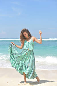 2025 robe Maxi florale tie-dye pour dames menthe col en v 100% rayonne Style bohème cordon manches Logo dos pour les vacances d'été - Product Image 6