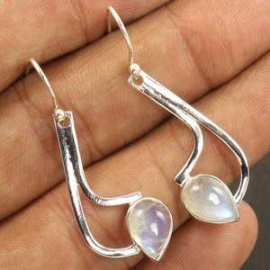 Pendientes de piedras preciosas de piedra lunar arcoíris 925 pendientes de piedra lunar ovalada de plata esterlina sólida para mujeres niñas, Pendientes colgantes de plata - Product Image 3