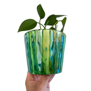 Hand Painted Eco-Friendly Ceramic Plant <b>Pot</b> Drainage Hole Teal Turquoise Gold Fluid Art Design for Indoor/Outdoor Garden Use - Product Image 2