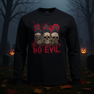 T-shirt à manches longues Halloween « Ne vois pas, ne dis pas, ne n'entends pas le mal » avec crânes et effets sanglants – Produit promotionnel - Product Image 3