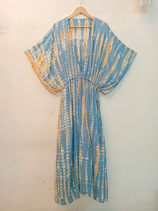 ชุดเดรสเรยอนมัดย้อมสีน้ําเงินและสีเหลืองที่น่ารักชุดเดรสสไตล์ Kaftan พร้อมเข็มขัดคอวียาวสาวและชุดสตรี - Product Image 4