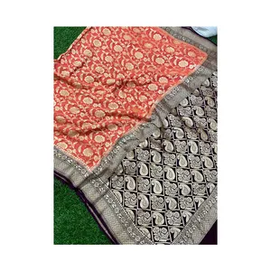 Tren India desainer indah Khaddi Georgette Saree murni untuk pakaian pesta wanita harga rendah