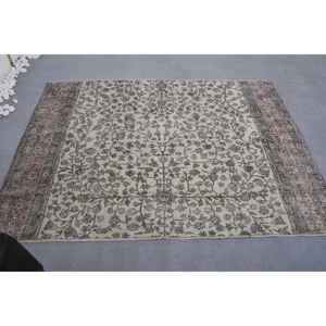 พรมตุรกีโบราณสีเบจสีน้ำตาลลายดอกไม้สีเบจคลาสสิกงานแฮนด์เมด6.5ลาเท็กซ์ขนสัตว์ 'x 4.8' รูปสี่เหลี่ยมผืนผ้าสำหรับพรมทางเดินข้างเตียง - Product Image 1