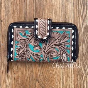 Cartera con acento turquesa de cuero labrado a mano al por mayor más nueva para mujer, cartera grande de cuero genuino para tarjetas de crédito - Product Image 1