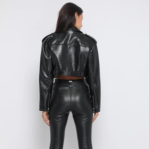 Veste en cuir marron gaufré crocodile pour femme nouvelle texture croco style motard avec veste en fausse fourrure détachable veste crocodile - Product Image 6