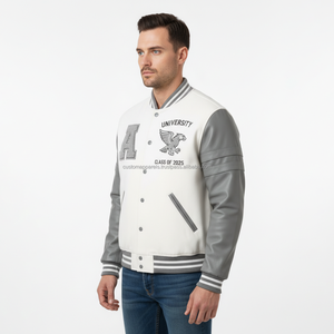 Hot Sale Custom Grey Varsity <b>Jackets</b> | Wool Body | <b>Men's</b> <b>Summer</b> Fashion <b>Jackets</b> Wholesale Front Logo Windproof & Breathable - Product Image 2