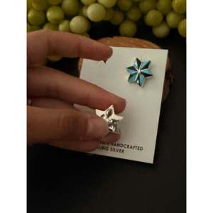 Zuni Handmade Turquoise & Multi-Color Stone <b>Sterling</b> <b>Silver</b> <b>Stud</b> Earrings with Star Inlay - Product Image 5