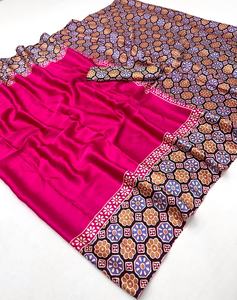 Sari de Satén Ajrakh para Mujer, Ligero, Étnico, Hecho en India, para Bodas, Disponible, Sin Tiempo de Entrega de Muestra - Product Image 3