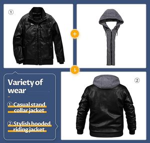 Veste en simili cuir pour homme, veste de moto, imperméable, coupe-vent, PU, moto vintage, bomber à capuche avec capuche amovible - Product Image 3