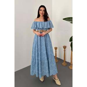 Baby Blue Off-Shoulder Broderie Anglaise <b>Dress</b> - Baby Blue - Product Image 1