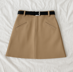 Mini-jupe trapèze taille naturelle avec ceinture, couleur unie, tissée, décontractée, pour femme, style été, ajustée, écologique, poches boutonnées, OEM - Product Image 5