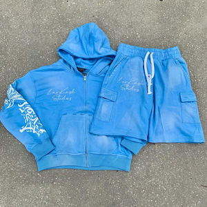 Short en polaire décontracté en coton brodé sur mesure et short de survêtement et sweat à capuche délavés à l'acide Ensemble deux pièces pour hommes - Product Image 1