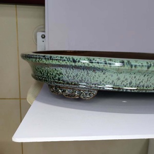 Pot à bonsaï artisanal de haute qualité en sable violet Yixing, émaillé vert neige, taille XL, avec pieds en forme de nuage - Product Image 3