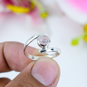 Rose Quartz Adjustable <b>Ring</b> Natural Pink Round Cabochon Gemstone Sterling Silver Minimalist <b>Open</b> Band <b>Ring</b> - Product Image 2
