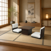 Ensemble de sièges au sol de style japonais, table basse et chaises Zaisu rembourrées, revêtement en noyer brun foncé