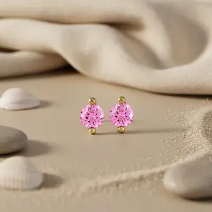 Boucles d'oreilles clous en zircon rose, perle et diamant avec placage or, bijoux religieux tendance pour femmes pour les fêtes - Product Image 2
