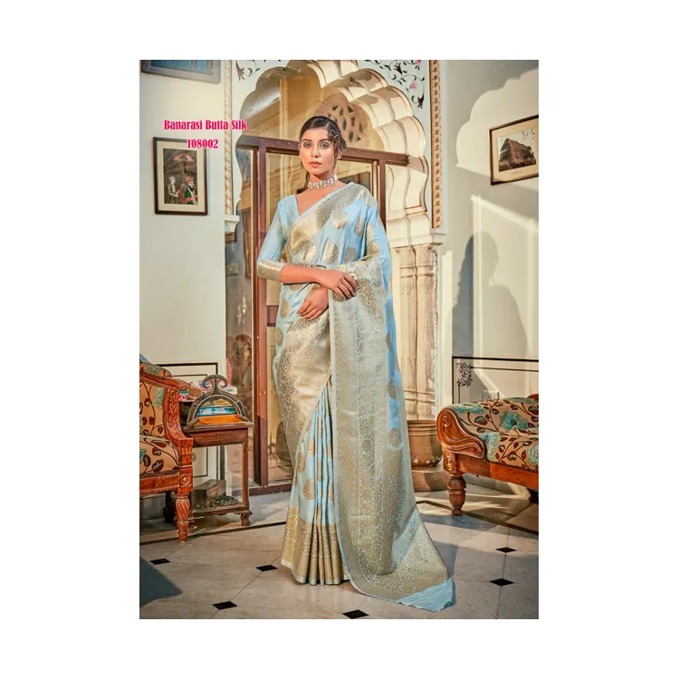 Indian Supplier of Elegant Design Beautiful Pastel Color Banarasi Butta Silk with Zari Weaving Saree Collection by Royal Export