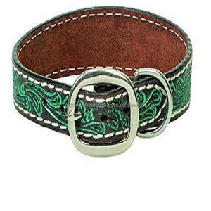 Collier de chien en cuir turquoise sculpté à la main de style occidental en relief floral en acier inoxydable matériel réglable et coutures blanches - Product Image 4