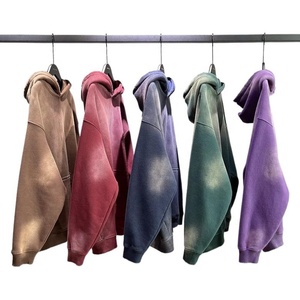 Custom 500 gms Distressed Hoodie No <b>String</b> Fleece Blank Zip Up Vintage Double Layer Acid Wash Sun Faded Distressed Men Hoodies - Product Image 1