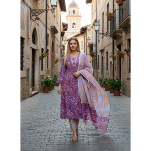 Ensemble Kurta en crêpe imprimé floral violet pour femmes avec dupatta, manches trois-quarts, pour occasions festives et décontractées - Product Image 1