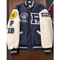 Veste universitaire pour homme sur mesure, qualité supérieure, corps en laine bleu marine, manches en cuir blanc, broderie sur le devant, réversible, respirante