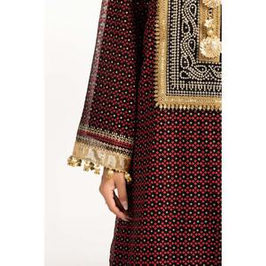 IUSTKSD-732 Ensemble 3 pièces décontracté pour femme en mousseline de soie imprimée laquée or, brodé, manches longues, pour l'été - Élégant pour occasions festives - Product Image 4