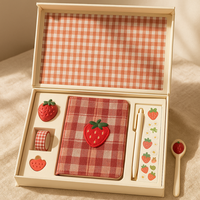 LABON Coffret cadeau de carnet Vichy fraise avec couverture en tissu Stylo journal Washi Tape Stickers et accessoires mignons
