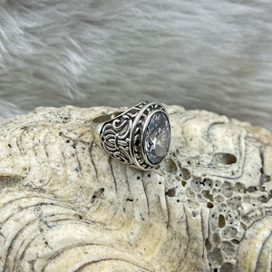 Wholesale <b>Men's</b> Silver White Zircon Oval <b>Ring</b> Natural Gemstone Silver Plated Brass Oxidized Lovers Pattern Fine Crystal Gifts - Product Image 2