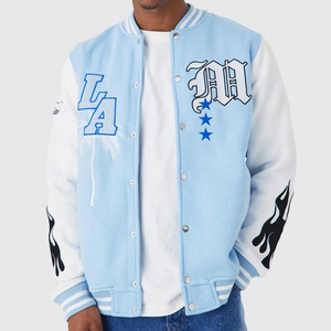 Sky Color Men's Street Wear Parche de impresión personalizado Chaquetas Universitarias de Trabajo Chaqueta de béisbol de hombre personalizada al por mayor en blanco de gran tamaño Varist - Product Image 1