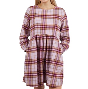 Robe d'été décontractée à carreaux, col rond, manches longues avec poignets élastiques, taille cintrée, longueur genou, 100% coton jersey, coupe trapèze - Product Image 1