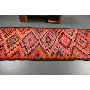 Vintage 3.5ft X 9.9ft Turkish Rug Orange <b>Pink</b> Patchwork Design Classic Latex for Bedroom 9x12 Rectangle Hallway <b>Wool</b> Viscose - Product Image 3