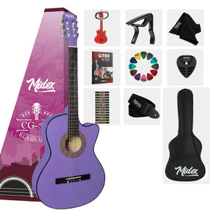 Guitare classique 4/4 violette avec cutaway, kit complet avec tige de tension réglable, support de guitare, housse et capodastre |   Midex CG-395PRP - Product Image 1
