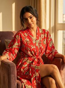 Bata Kimono de Algodón Rojo con Estampado Artesanal, Tallas Grandes para Mujer, Bata Floral Ligera para Descansar, Regalo - Product Image 4