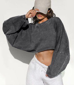 Sudaderas Holgadas con Cuello Redondo Lavadas a la Moda, Logotipo Personalizado, Sudaderas Cortas Lisas de Estilo Urbano para Mujer - Product Image 4