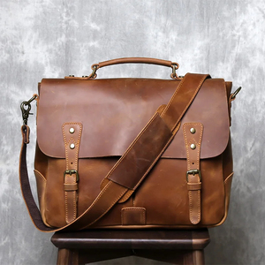 Classic Cowhide Leather Laptop Messenger Korean Protective Shoulder Bag Durable Office Use Zipper Closure Brown - Product Image 1