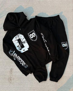 Ensemble de pantalons de survêtement à capuche 100% coton respirant avec fermeture éclair jambe large évasée piste d'hiver poids lourd - Product Image 5