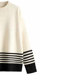 Ensemble de vêtements pour femmes en tricot deux pièces sur mesure, pull et pantalon large, rayures contrastées noir et blanc, col rond, tenue d'hiver - Product Image 3