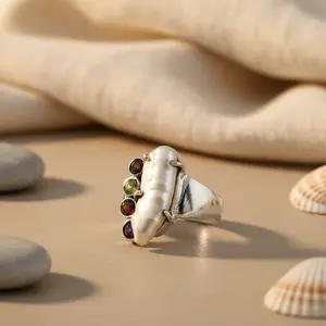 925 <b>Silver</b> Inlay Fashionable Religious <b>Statement</b> Jewelry-Pearl & Gemstone <b>Ring</b> for Women Mainly Made of Alloy & Brass - Product Image 2