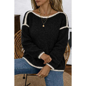 Blusa de Punto de Manga Larga con Cuello Barco para Mujer de Jane, Suéter Holgado de Color Sólido para Uso Diario Informal - Product Image 1