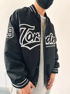 Logo personnalisé Hommes Femmes Varsity Jacket Vente en gros Super Qualité Noir Foncé Toile Col Montant Vestes avec Cuir - Product Image 3