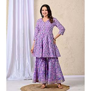 ชุดชาราร่าผ้าฝ้ายพิมพ์ลายสีม่วงสำหรับผู้หญิง ชุดลำลองสำหรับผู้หญิงพร้อมเสื้อแขนสามส่วน - Product Image 3