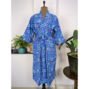 Robe d'été Boho Aqua Blue, Kimono en coton indien imprimé à la main, Luxe Floral Rose, Couverture de maternité - Product Image 3