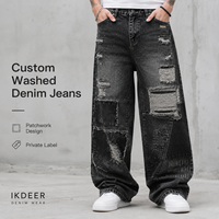 Jeans en denim à jambes larges, patchwork noir délavé, style vintage streetwear, IKDEER