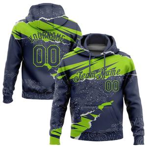 Venta al por mayor y Dropship personalizado cosido azul marino neón verde 3D patrón diseño rasgado papel estilo deportes pulóver Sudadera con capucha - Product Image 1