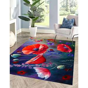 <b>Red</b> Poppy Printed Rug: Modern Floral Design for Living Room,Nonwoven Soft Rug - Product Image 3