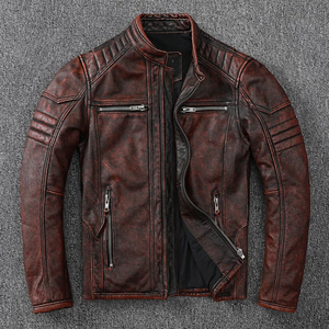 Chaquetas de cuero vintage para hombre, estilo motociclista, con acabado stone wash, 100% cuero genuino de vaca, abrigo de cuero para hombre, ropa de motociclista. - Product Image 6