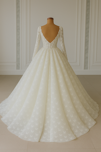 Elegant Butterfly Lace Bridal Gown with Long Sleeves V-Neck Full Skirt | Custom Ivory Wedding <b>Dress</b> for <b>Women</b> - Product Image 2