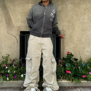 Nouveauté : sweat à capuche zippé pour homme en molleton lourd, délavé à l'acide, avec strass, coupe classique vintage - Product Image 2