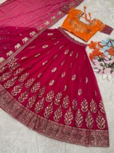 Vêtements ethniques indiens Georgette rose Lehenga Choli Dupatta travail de broderie de séquence d'impression numérique pour les occasions de fête - Product Image 5